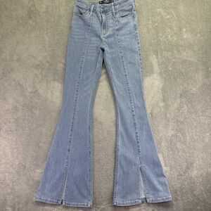 Hollister High Rise Flare Jeans Split Slit Hem Womens 26 3R Light Blue Stretch